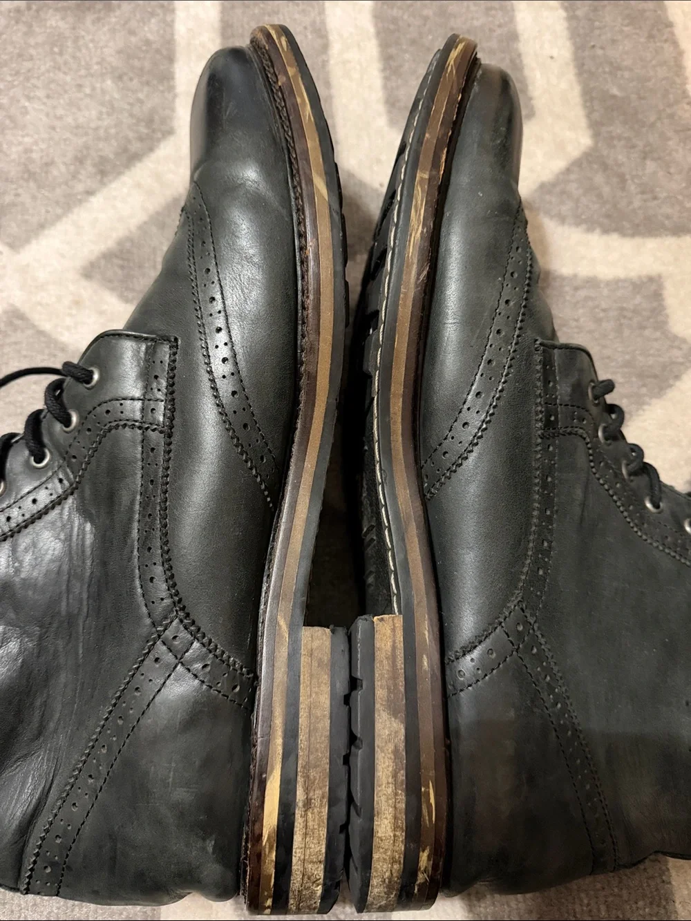 Men's Black Leather Wingtip Lace Up Boots Sz 13M